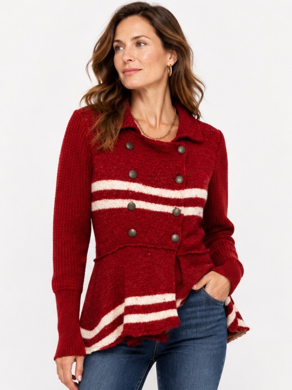 Free People Military Peplum Cardigan Sweater Jacket Red Stripe M
